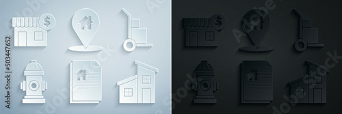 Set House contract, Hand truck and boxes, Fire hydrant, Map pointer with house and dollar symbol icon. Vector