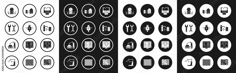 Set Assembly line, Robot, Spanner, and digital time manager, Digital door lock with wireless technology for unlock, Smart home, Bot and Industrial machine robotic robot arm hand icon. Vector Set Assembly line, Robot, Spanner, and digital time manager, Digital door lock with wireless technology for unlock, Smart home, Bot and Industrial machine robotic robot arm hand icon. Vector