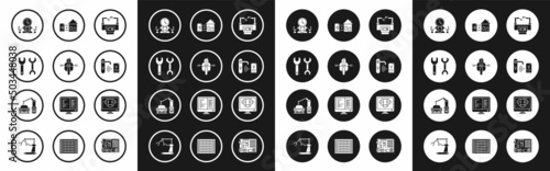 Set Assembly line, Robot, Spanner, and digital time manager, Digital door lock with wireless technology for unlock, Smart home, Bot and Industrial machine robotic robot arm hand icon. Vector