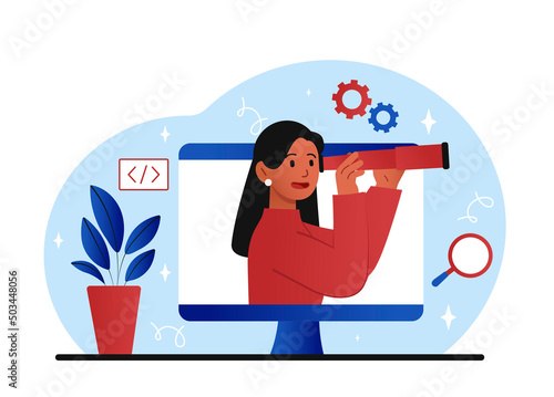 Internet searching concept. Young girl with binoculars looks into distance. Marketing research and modern technologies. Employee looking for information on Internet. Cartoon flat vector illustration