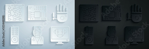 Set Robot doctor, Mechanical robot hand, Remote control, Bot, Printed circuit board PCB and Global technology social network icon. Vector