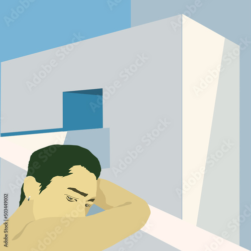 A man is putting his head on his arms, leaning against the fence of a building, standing on the roof of a building, minimal illustration style, at day time, with beautiful sunshi, vector illustration.