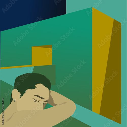 A man is putting his head on his arms, leaning against the fence of a building, standing on the roof of a building, minimal illustration style, at night time, vector illustration.