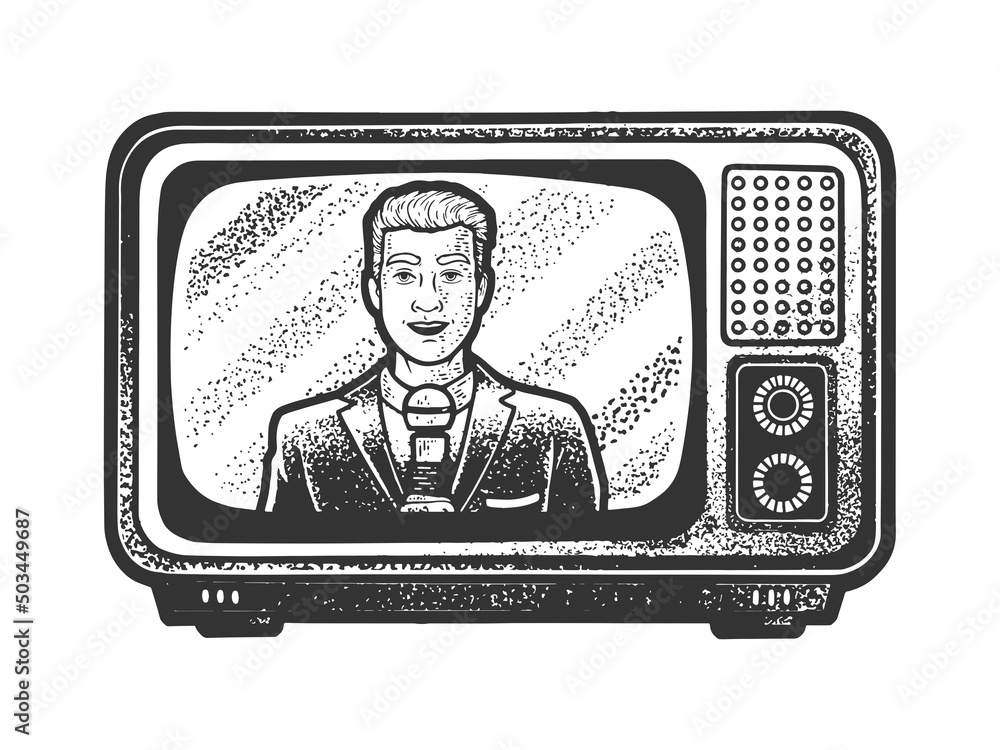 news presenter announcer broadcaster newscaster in tv sketch engraving raster illustration. T-shirt apparel print design. Scratch board imitation. Black and white hand drawn image. - obrazy, fototapety, plakaty 