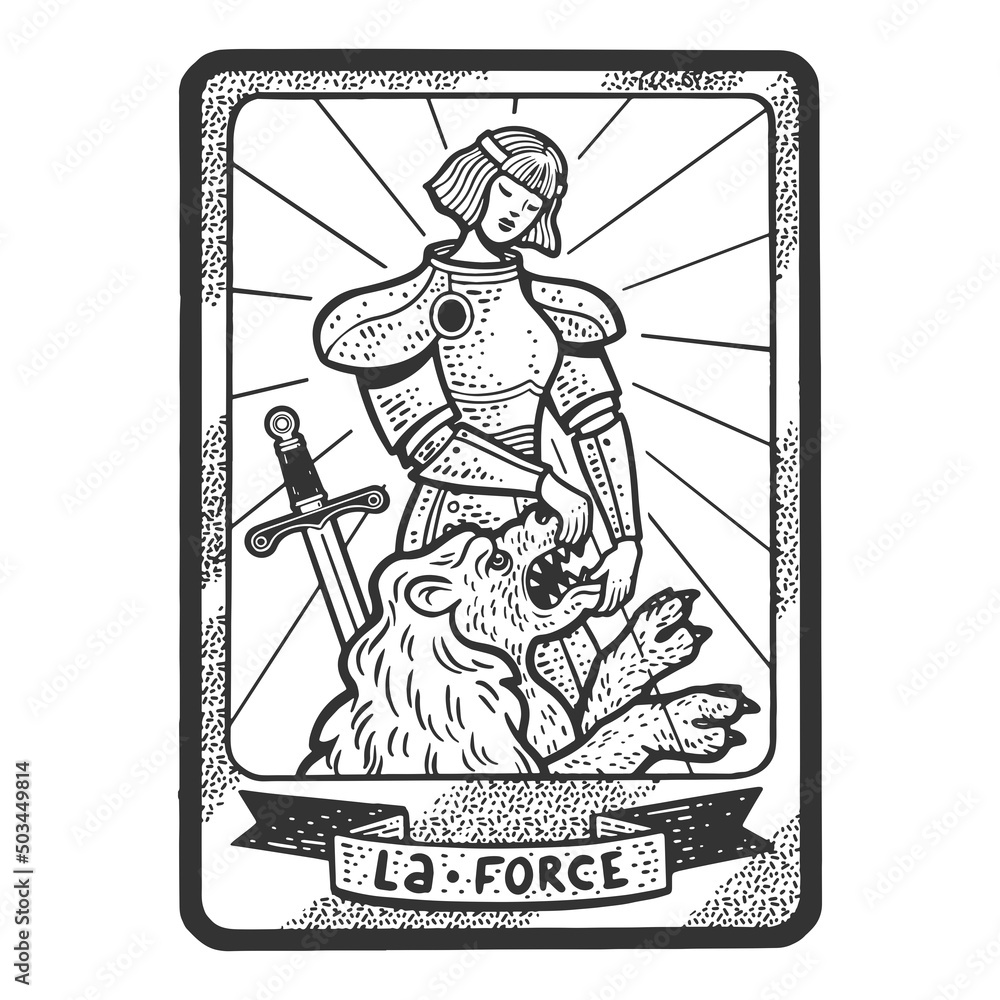 Tarot playing card Force sketch engraving raster illustration. T-shirt apparel print design. Scratch board imitation. Black and white hand drawn image. Tarot playing card Force sketch engraving raster illustration. T-shirt apparel print design. Scratch board imitation. Black and white hand drawn image.