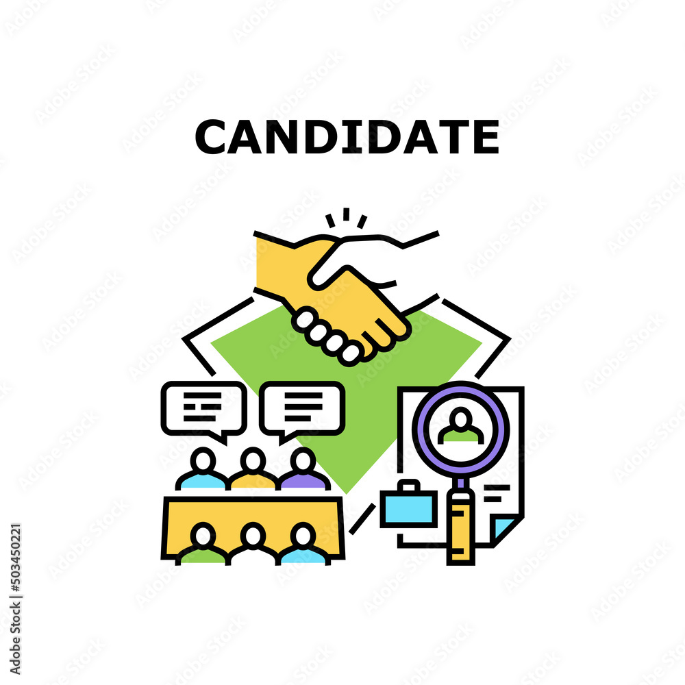 Candidate Cv Vector Icon Concept. Candidate Cv Researching Hr Colleague And Interview With Recruiting Team Department. Human Resource Working And Searching Manager Color Illustration
