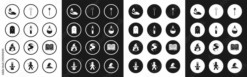 Set Magic wand, Bottle with love potion, Ghost, Hand holding fire, Ancient magic book and Witch icon. Vector Set Magic wand, Bottle with love potion, Ghost, Hand holding fire, Ancient magic book and Witch icon. Vector