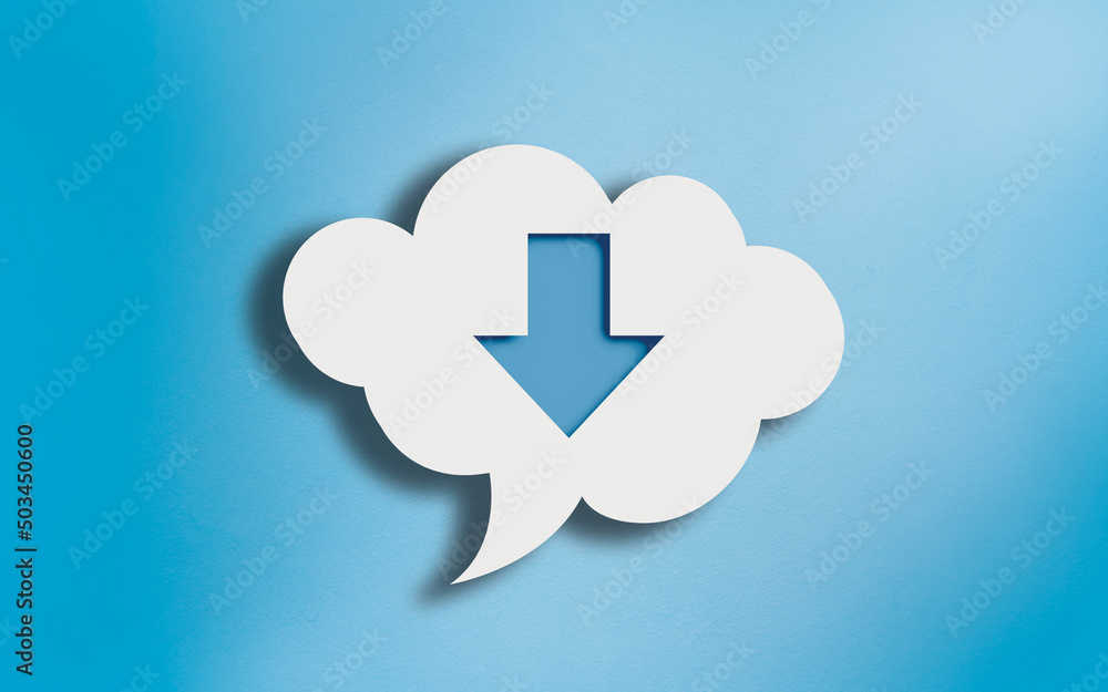 Down Arrow Icon in White Cloud Speech Bubble on Blue Down Arrow Icon in White Cloud Speech Bubble on Blue