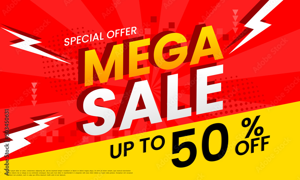 Mega sale and special offer banner discount 50 percent