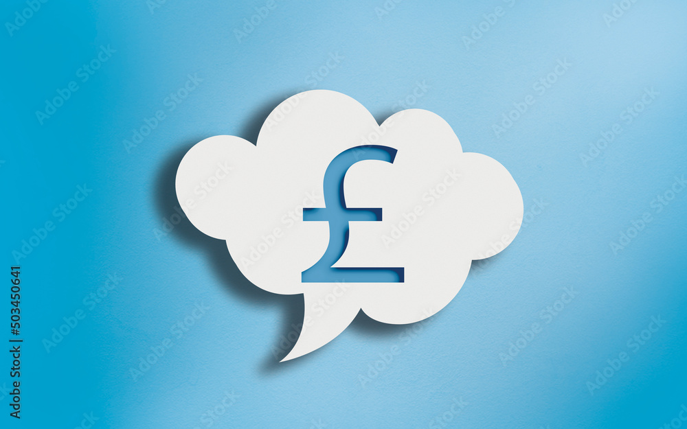 Sterlin Currency Icon in White Cloud Speech Bubble on Blue Sterlin Currency Icon in White Cloud Speech Bubble on Blue