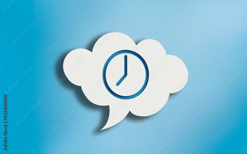 Clock Icon in White Cloud Speech Bubble on Blue Clock Icon in White Cloud Speech Bubble on Blue