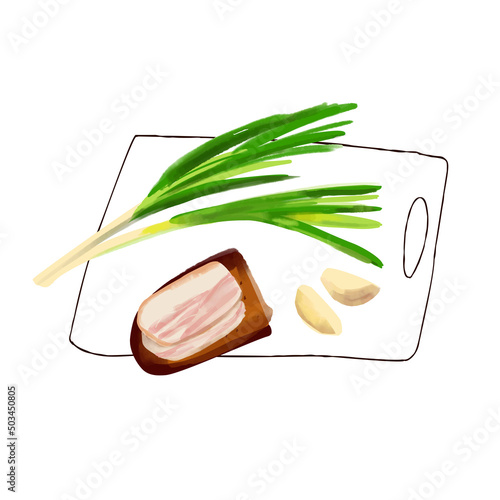 Illustration ukrainian sandwich rye bread with lard with Green onion and garlic