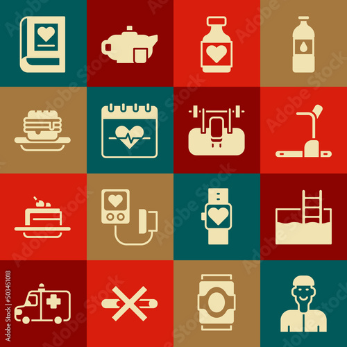 Set Positive thinking, Swimming pool with ladder, Treadmill machine, Vitamin pill, Heart rate, Junk food, Medical book and Bench barbel icon. Vector