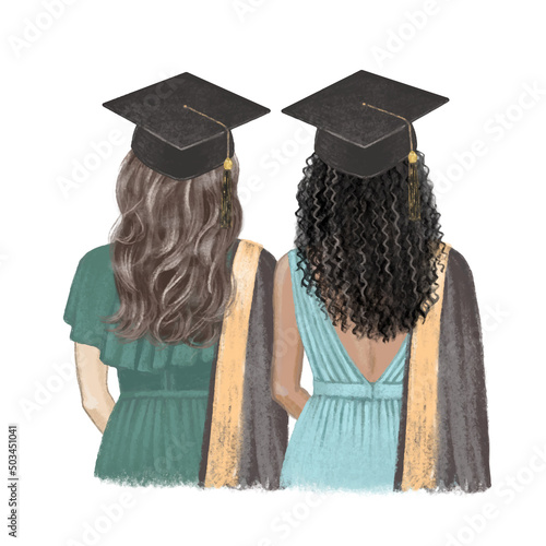 Two girls graduated, best friends hand drawn illustration