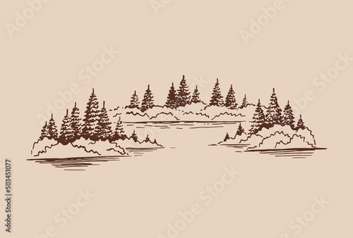 Sketch of wild nature with lake and forest. Hand drawn illustration converted to vector.