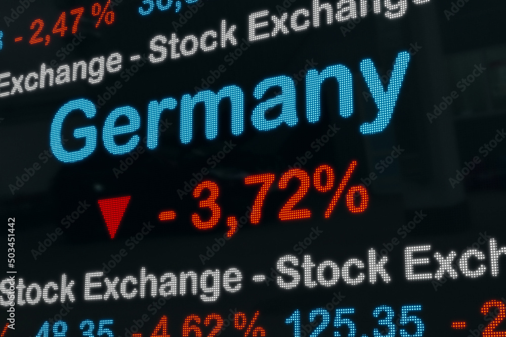 German Stock Market, strong decline. Stock Exchange Ticker Germany. Negative percentage sign in red. Stock Market Data, business and trading concept. 3D illustration German Stock Market, strong decline. Stock Exchange Ticker Germany. Negative percentage sign in red. Stock Market Data, business and trading concept. 3D illustration