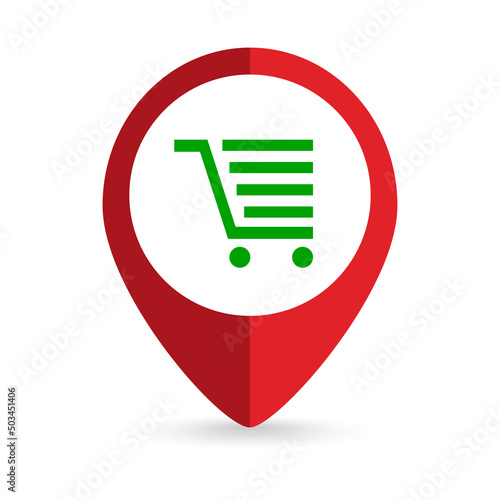 Map pointer with Shopping cart icon. Vector illustration.