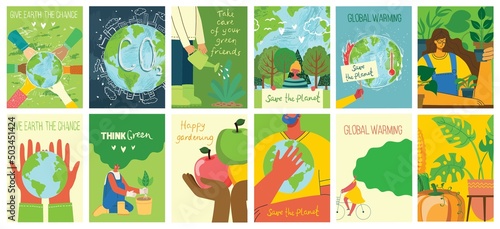 Vector eco illustration cards for social poster, banner or card of saving the planet, human hands protect our earth.