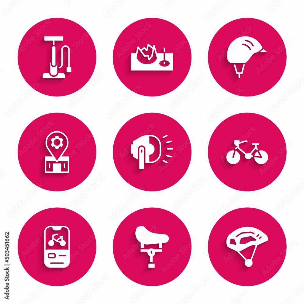 Set Bicycle head lamp, seat, helmet, rental mobile app, repair service, and pump icon. Vector Set Bicycle head lamp, seat, helmet, rental mobile app, repair service, and pump icon. Vector