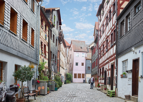 Old street in Furth, Germany. Architecture and landmark of Germany with fackwerk houses