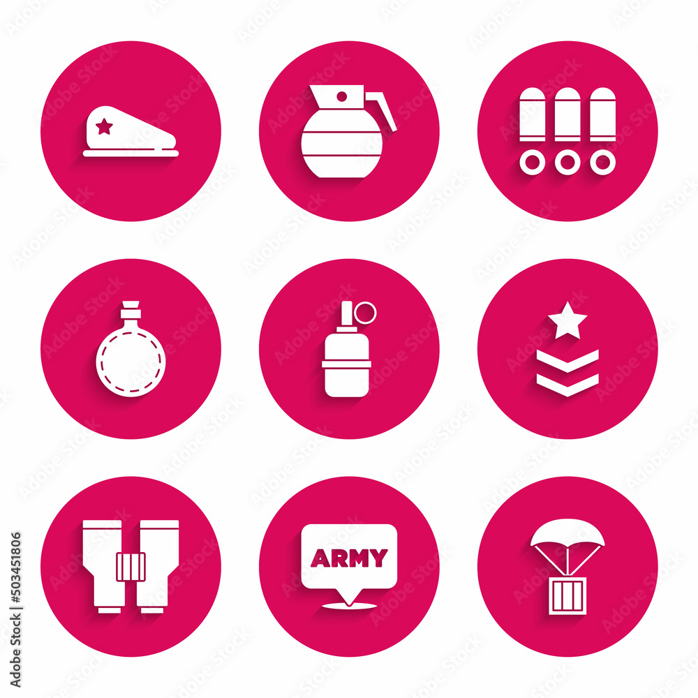 Set Hand grenade, Military army, Airdrop box, rank, Binoculars, Canteen water bottle, Bullet and beret icon. Vector Set Hand grenade, Military army, Airdrop box, rank, Binoculars, Canteen water bottle, Bullet and beret icon. Vector
