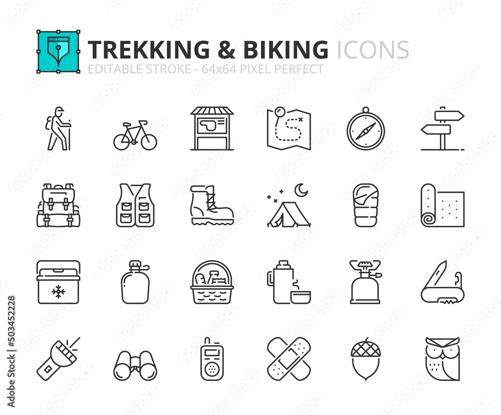 Simple set of outline icons about trekking and biking. Simple set of outline icons about trekking and biking.