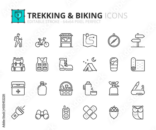 Simple set of outline icons about trekking and biking.