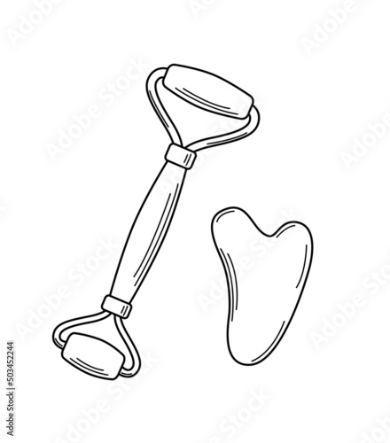Face massage roller and scraper gouache. Vector doodle illustration facial massage at home, self care.
