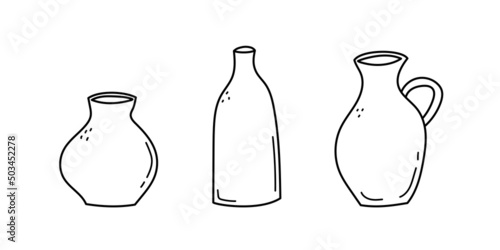 Set of hand drawn line art vases. Doodle clay pottery collection. Isolated vector illustration 