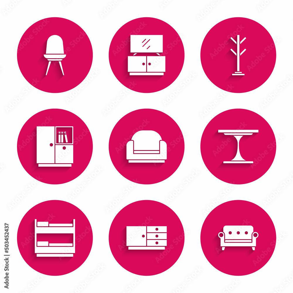 Set Armchair, Chest of drawers, Sofa, Round table, Bunk bed, Wardrobe, Coat stand and Chair icon. Vector Set Armchair, Chest of drawers, Sofa, Round table, Bunk bed, Wardrobe, Coat stand and Chair icon. Vector