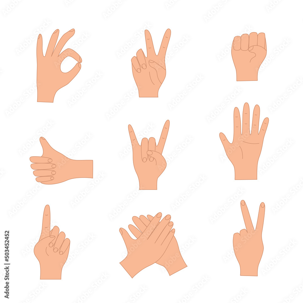 Hand gestures, vector illustration set of icons of various hand signs. Hand gestures, vector illustration set of icons of various hand signs.