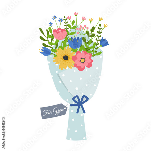 Bouquet with blooming flowers wrapped in craft paper. Florist composition for holiday celebration