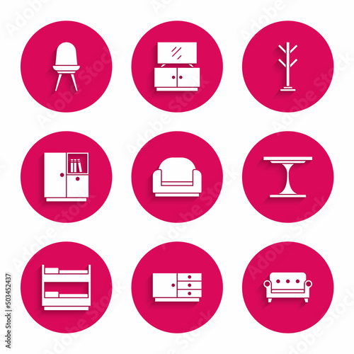 Set Armchair, Chest of drawers, Sofa, Round table, Bunk bed, Wardrobe, Coat stand and Chair icon. Vector