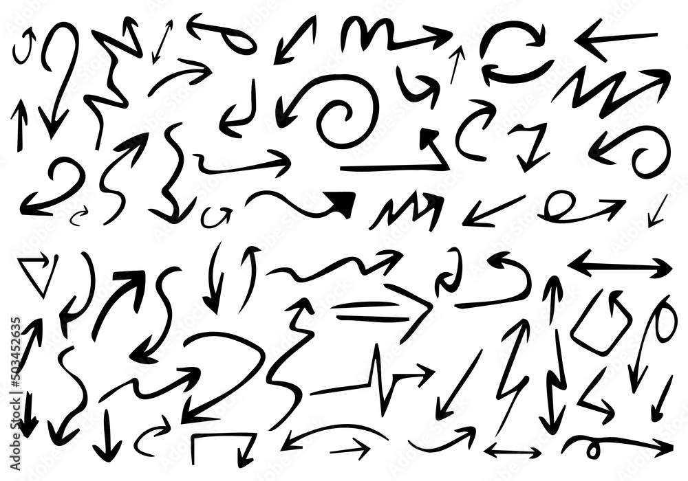 Hand drawn set of arrows. Collection black arrow on white background. Vector illustration. Hand drawn set of arrows. Collection black arrow on white background. Vector illustration.