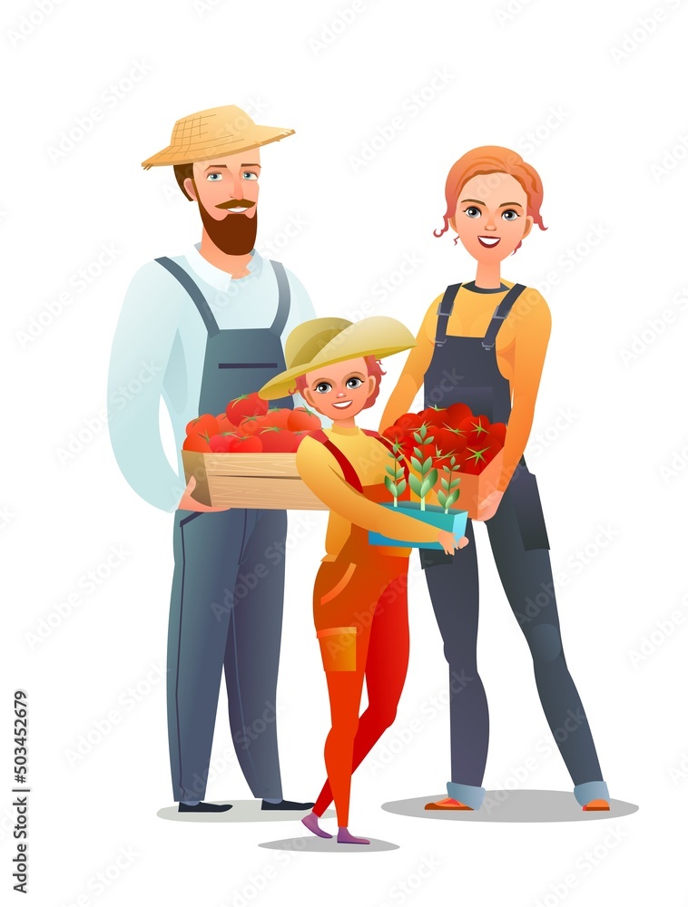 Man and woman and daughter villager farmer in overalls. Agricultural worker. Cheerful person. Standing pose. Cartoon comic style. Illustration isolated white background. Vector Man and woman and daughter villager farmer in overalls. Agricultural worker. Cheerful person. Standing pose. Cartoon comic style. Illustration isolated white background. Vector