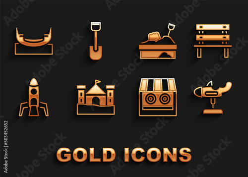 Set Sand castle, Bench, Swing plane, Shooting gallery, Rocket ship, Sandbox with sand, Boat swing and Shovel toy icon. Vector