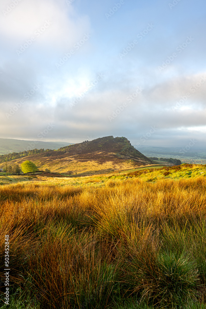 View of Hen Cloud at sunrise. The Roaches, Staffordshire, Peak District, UK.