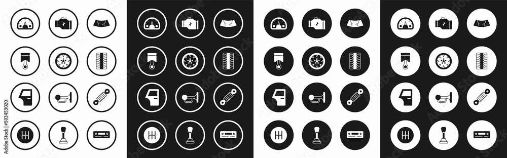 Set Broken windshield, Alloy wheel, Engine piston, Speedometer, Car tire, Check engine, Shock absorber and door icon. Vector Set Broken windshield, Alloy wheel, Engine piston, Speedometer, Car tire, Check engine, Shock absorber and door icon. Vector