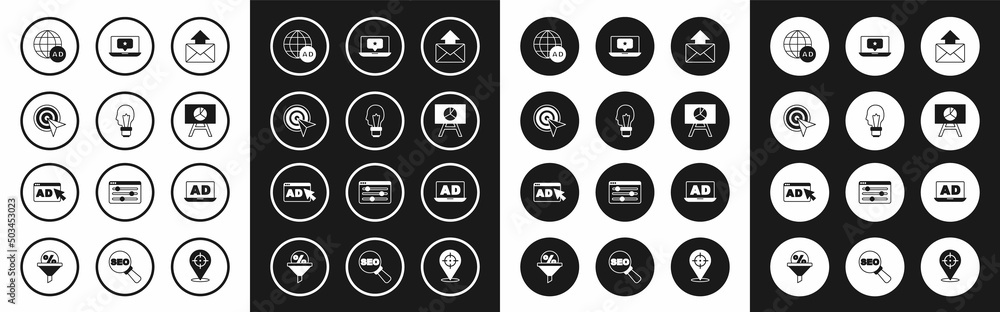 Set Mail and e-mail, Light bulb with concept of idea, Target, Advertising, Board graph chart, Laptop star, and icon. Vector Set Mail and e-mail, Light bulb with concept of idea, Target, Advertising, Board graph chart, Laptop star, and icon. Vector