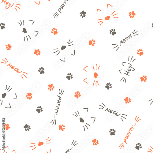 Vector seamless pattern. With cats, cat footprints, lines and words meow, purr, hey! Grey and coral elements on white background. Can be used for wallpaper, giftwrap, fabric and other
