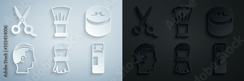 Set Shaving brush, Gel or wax for hair styling, Hairstyle men, gel foam, and Scissors hairdresser icon. Vector