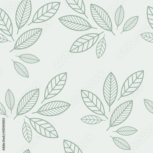 Green leaves seamless pattern vector illustration. Graphic contour leaf backdrop. Minimal floral wallpaper. Abstract botanical geometric background. Template for print, design, banner or card.