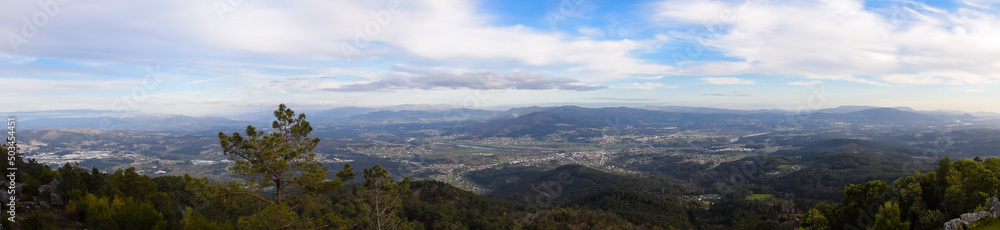 Panoramic view of the mountains of Galicia and Portugal from the forest park Monte Alba. Spain