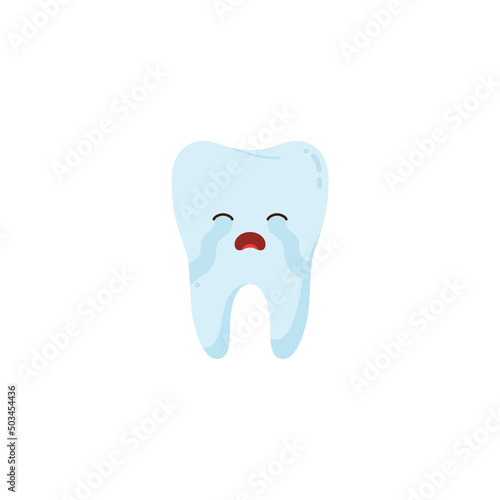 Sad crying tooth in pain, dental care and treatment - flat vector illustration isolated on white background.