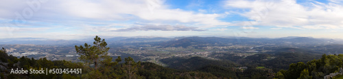 Panoramic view of the mountains of Galicia and Portugal from the forest park Monte Alba. Spain