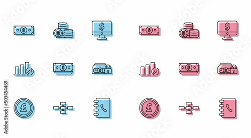 Set line Coin money with pound sterling symbol, Address book, Money lock, Presentation financial graph, schedule, chart, diagram, infographic, pie and Cryptocurrency coin Bitcoin icon. Vector