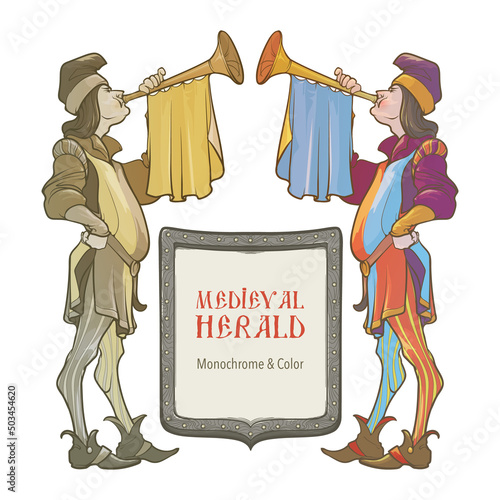Herald playing trumpet. A man in the royal court responsible for the etiquette and heraldry. Medieval gothic style concept art. Color drawing isolated on white background. EPS10 vector illustration