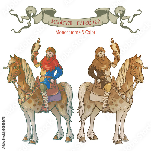 Medieval falconer sitting on a horseback. A courtier organizing royal falcon hunting. Medieval gothic style concept art. Color drawing isolated on white background. EPS10 vector illustration