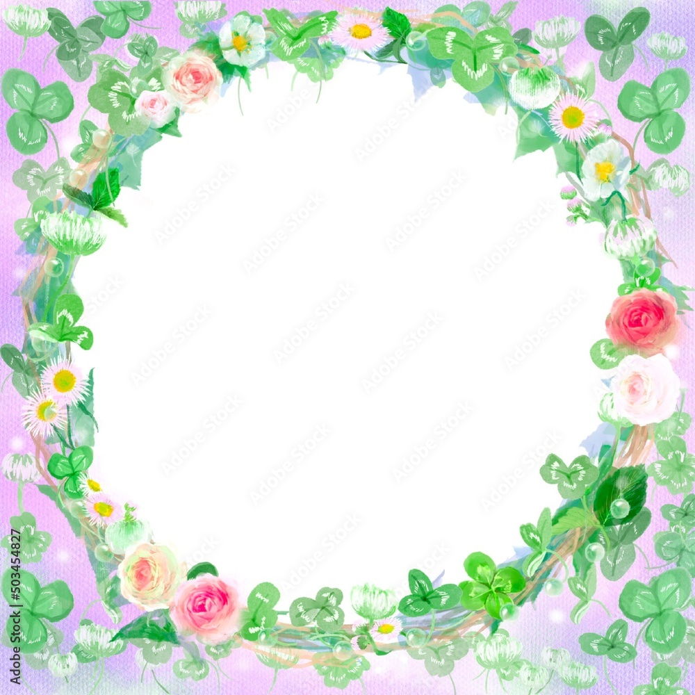 四葉のクローバーとシロツメクサとミニ薔薇のフラワーリースの水彩画風カードフレームイラスト 四葉のクローバーとシロツメクサとミニ薔薇のフラワーリースの水彩画風カードフレームイラスト