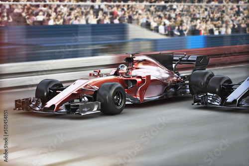 Motor sports competitive team racing.Crowd cheering with fast moving generic race car's racing down the track towards the finish line with motion blur. 3d rendering . © Digital Storm